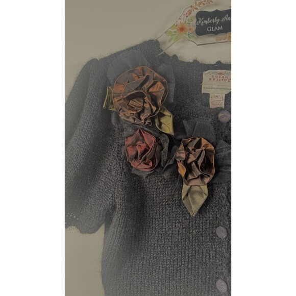 VINTAGE Susan Bristol floral applique cardigan black puff sleeves sweater Medium - Picture 3 of 7